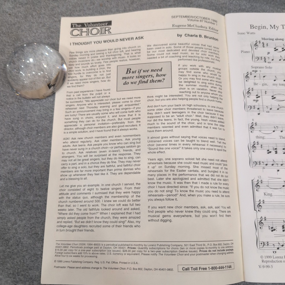 11ct The Volunteer Choir Magazine September October 1999 Choral Sheet Music Lot - Picture 2 of 2